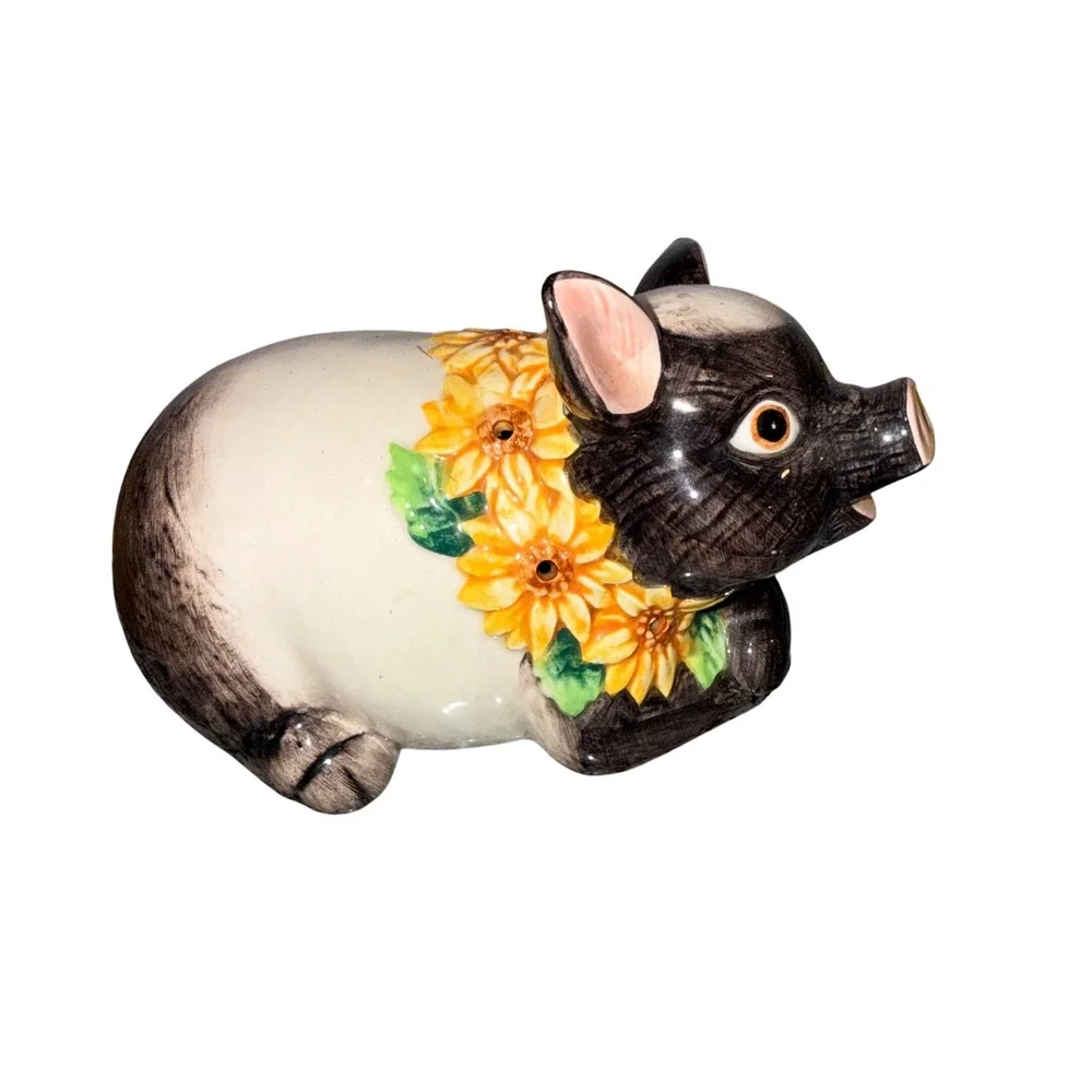 Fitz and Floyd Vintage Pig Figurine with Sunflower Crate Black White Ceramic